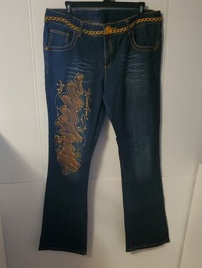 Miskeen Dark Blue Women's Stretch Denim Bootcut Jeans Gold Script Detail